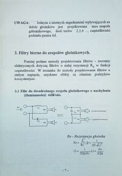 Schemat filtrów biernych do głośników z oznaczeniami elementów i wzorami