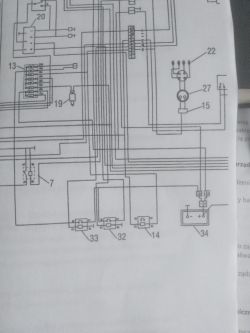 Fragment schematu elektrycznego wózka widłowego z oznaczeniami elementów: 33, 14, 19, 27, 15.