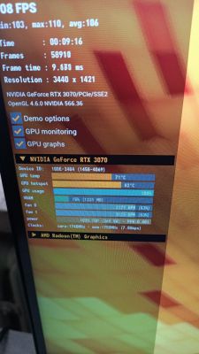 Wynik testu wydajności karty graficznej NVIDIA GeForce RTX 3070 z temperaturą i użyciem GPU.