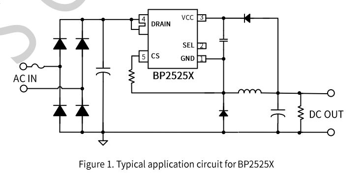 Application circuit for BP2525X controller with AC input and DC output, no transformer