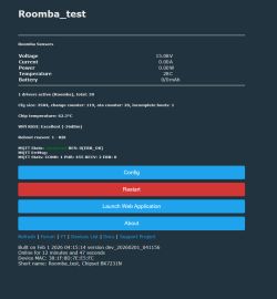 Test panel for Roomba device showing sensor data and control buttons