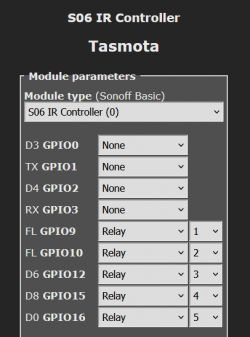 S06 IR Module Configuration in Tasmota Screenshot of Tasmota configuration for S06 IR controller