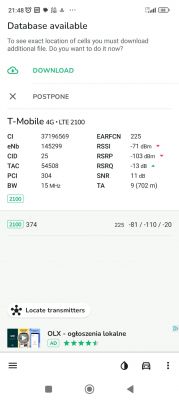 Zrzut ekranowy aplikacji na Androida pokazującej szczegóły połączenia sieci T-Mobile 4G LTE z częstotliwością 2100 MHz.