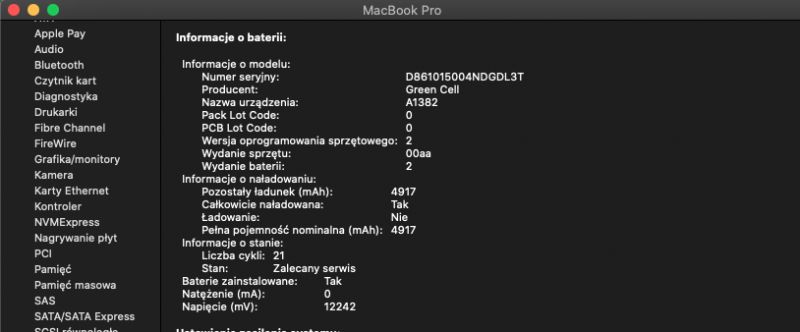 Zrzut ekranu informacji o baterii laptopa z aplikacji MacBook Pro.