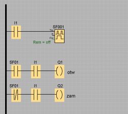 Schemat obwodu logicznego z elementami SF001, Q1 i Q2.