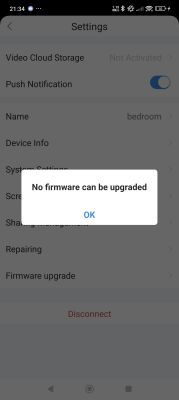 No firmware update available in app settings screen Message No firmware can be upgraded on a mobile app settings screen.