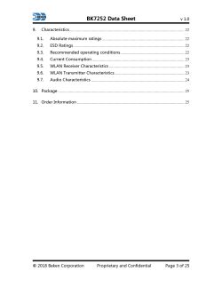BK7252 Datasheet Contents β Page 3 Table of contents from the BK7252 datasheet showing sections on device characteristics, package, and order information.