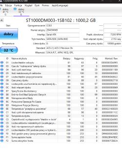 Zrzut ekranu z programu CrystalDiskInfo pokazujący szczegóły stanu dysku twardego.