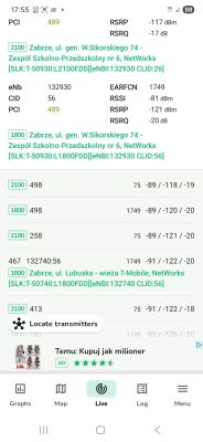 Zrzut ekranu z aplikacji analizującej parametry sygnału LTE w Zabrzu