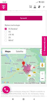 Interfejs aplikacji z mapą zasięgu sieci 5G wokół Brodnicy.