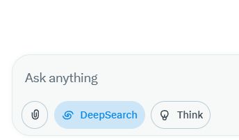 Fragment interfejsu Grok z przyciskiem DeepSearch i Think pod polem tekstowym