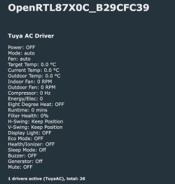 Status screen for “Tuya AC Driver” showing AC parameters, mostly OFF and 0 values.