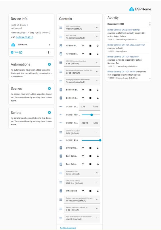 ESPHome dashboard with blind gateway and CC1101 module settings