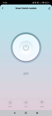 Smart switch app screen with central power button set to OFF