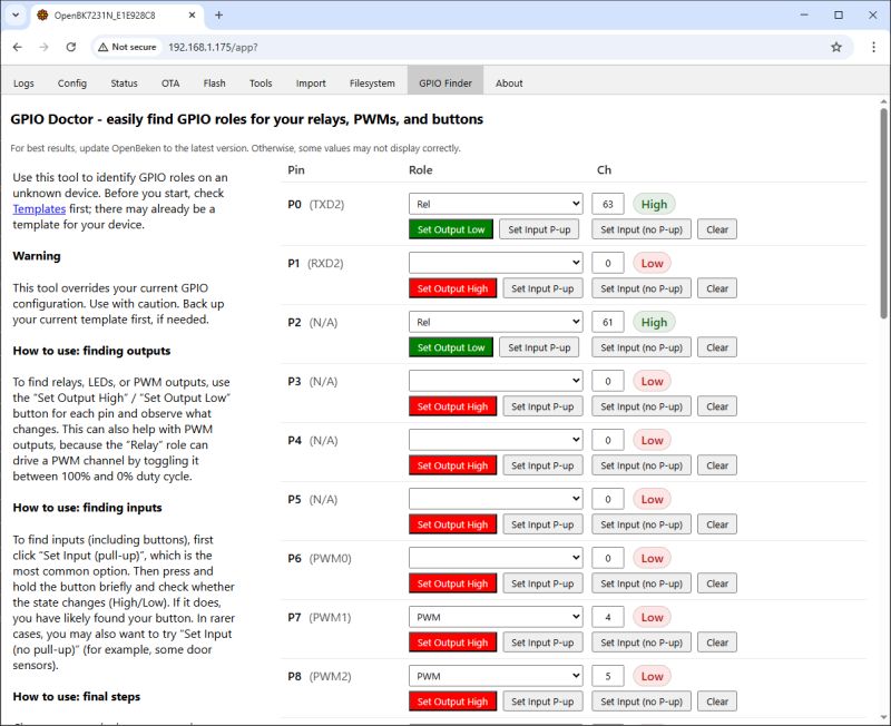 GPIO Doctor interface in OpenBeken with assigned pin roles and control buttons