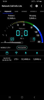 Zrzut ekranu z aplikacji Network Cell Info Lite pokazujący prędkość pobierania 52,4 Mb/s i wysyłania 5,8 Mb/s w sieci LTE+.