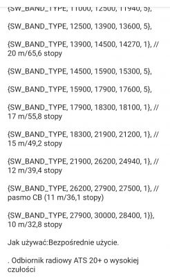 Fragment instrukcji użytkowania z kodami SW_BAND_TYPE dla odbiornika radiowego.