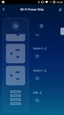 User interface of an app managing a Wi-Fi power strip showing outlets and switches.