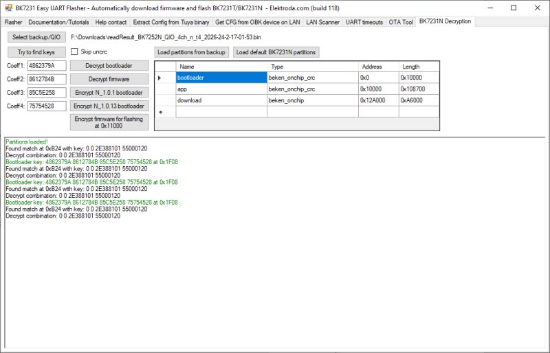 Screenshot of BK7231 Easy UART Flasher showing partition table and decryption log output