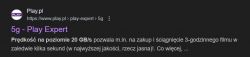 Zrzut ekranu z wynikiem wyszukiwania dla 5G od Play z prędkością 20 GB/s.