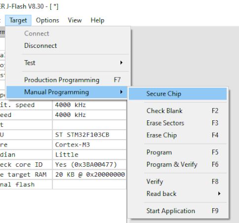 Manual Programming Menu in J-Flash Screenshot of the J-Flash tool with the “Target” menu and “Manual Programming” submenu open.