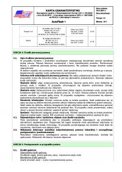 Karta charakterystyki produktu AutoFlash 1 z informacjami o środkach pierwszej pomocy.