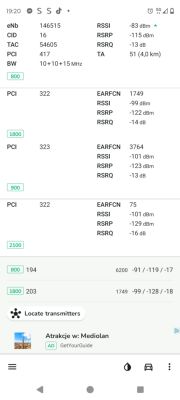Zrzut ekranu z aplikacji diagnostycznej sieci komórkowej pokazujący parametry sygnału 5G i LTE dla różnych pasm i nośnych.