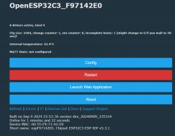 OpenESP32C3 application interface with Config, Restart, Launch Web Application, and About buttons.