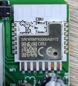 Circuit board with CBU module and pin labels RX, TX, GND, and 3.3V.