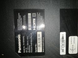 Panasonic TV specification label on the back panel, showing model TH-55FS435G and barcodes