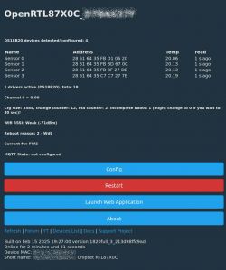 Screenshot of the OpenRTL87XOC interface showing DS18B20 sensor information and configuration options.