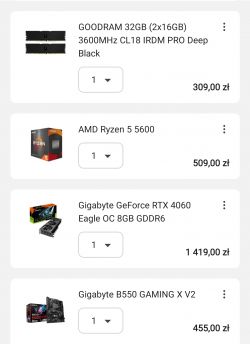 Zrzut ekranu listy części komputerowych obejmujący pamięć RAM GOODRAM 32GB, procesor AMD Ryzen 5 5600, kartę graficzną Gigabyte GeForce RTX 4060 oraz płytę główną Gigabyte B550 GAMING X V2.