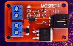 Moduł MOSFET z dwoma niebieskimi złączami śrubowymi i jednym dużym tranzystorem