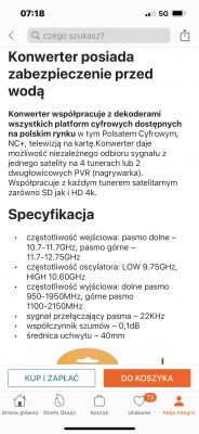 Ekran aplikacji zakupowej z opisem konwertera satelitarnego i jego specyfikacjami.