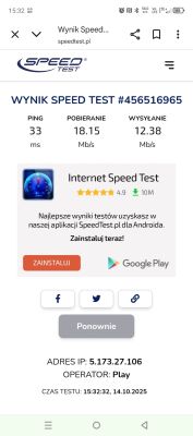 Zrzut ekranu z aplikacji SpeedTest pokazujący wyniki testu Internetu od Play