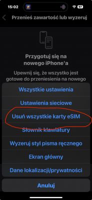 Ekran ustawień iPhone'a z opcją usunięcia wszystkich kart eSIM.