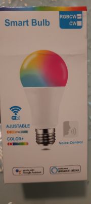 Photo of a smart RGB bulb box with voice control and WiFi support.