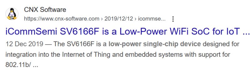 Google search result showing an article about the iCommSemi SV6166F, a low-power WiFi SoC for IoT.