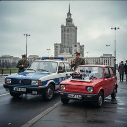 Police Fiat and red Maluch with Arduino device in front of Palace of Culture
