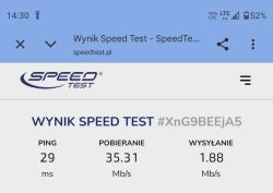 Zrzut ekranu Speedtest.pl z wynikiem: ping 29 ms, pobieranie 35,31 Mb/s, wysyłanie 1,88 Mb/s.