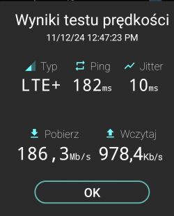 Ekran z wynikami testu prędkości internetu LTE+.