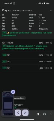 Zrzut ekranu aplikacji NetMonster pokazujący parametry sieci komórkowej w technologii LTE-A.