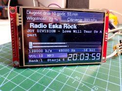 TFT audio module display showing “Radio Eska Rock,” weather data, audio meters, and time 20:03:59.