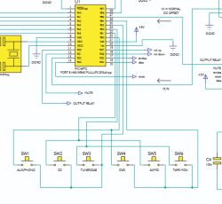 Fragment schematu z procesorem i sześcioma przyciskami SW1–SW6 (AUX, CD, TUNER/DAB, DVD, A/VMD, TAPE)