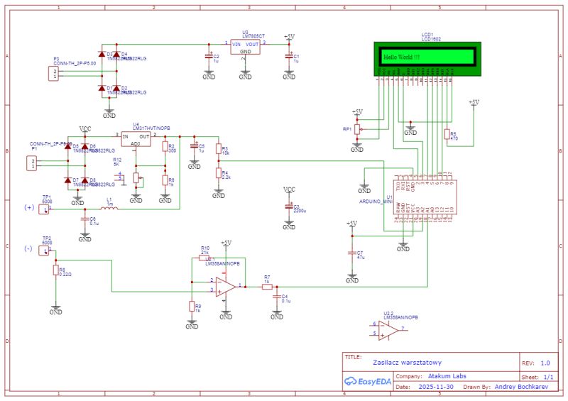 Workshop power supply schematic with LCD display and Arduino Mini controller