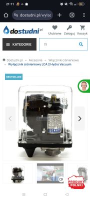 Wyłącznik ciśnieniowy LCA 2 Hydro Vacuum w transparentnej obudowie, widoczny na stronie internetowej.