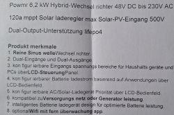 Zdjęcie ulotki z danymi technicznymi falownika hybrydowego Powmr 6,2 kW, opisującej jego parametry i funkcje.