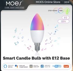 Moes Smart Candelabra Bulb with E12 Base The image shows a Moes smart LED candelabra bulb with an E12 base, emitting multi-color RGB light.