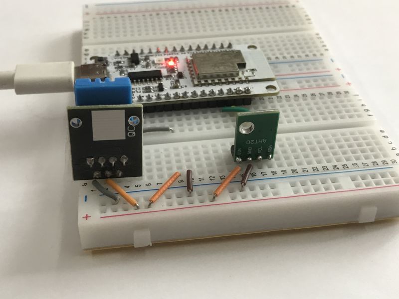 WiFi+Bluetooth Development Board on Breadboard Development board with modules connected to a breadboard.
