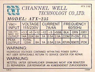 CWT Channel Well Technology model: ATX-235W ATX2.02 - naprawa.